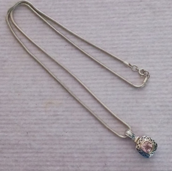 Silver Tone Pink Crystal Pendant Snake Chain - Picture 1 of 10